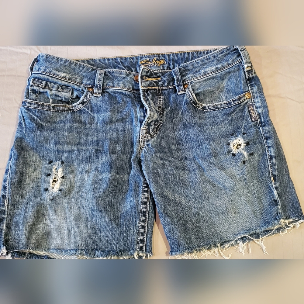 Silver Jeans Blue Jean Shorts with Distressed Cut-Off Style